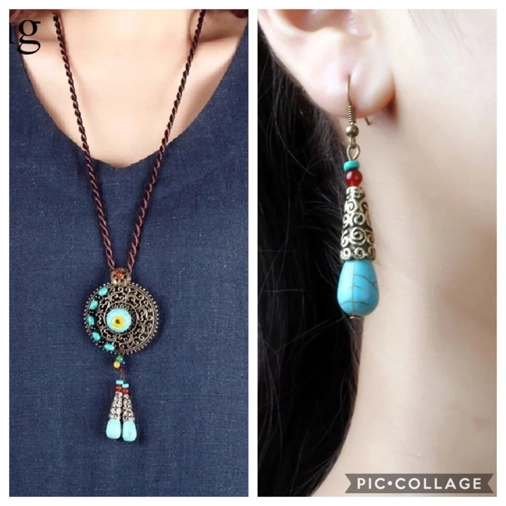 Set of Necklace and Earrings Bohemian Indian Braided Rope Dangle Blue Stone